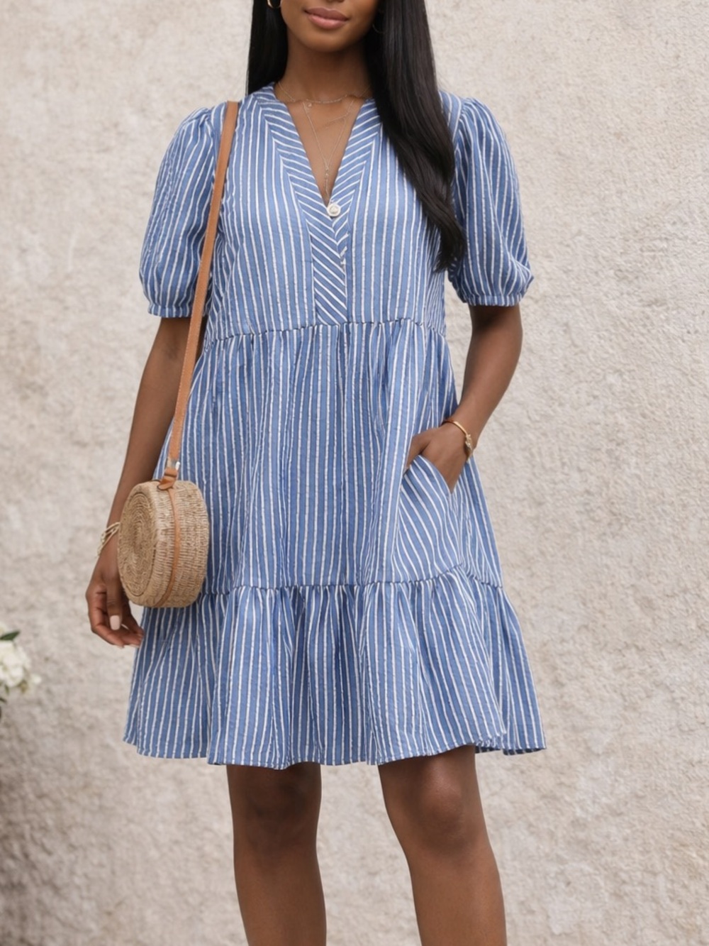 Blue & White Striped Tiered Casual Dress size XL 👗‎